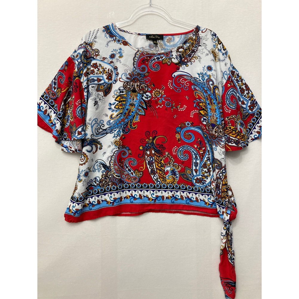 Melissa Paige Blouse Size Large Red Multi Floral Paisley Side Tie Boho Comfy